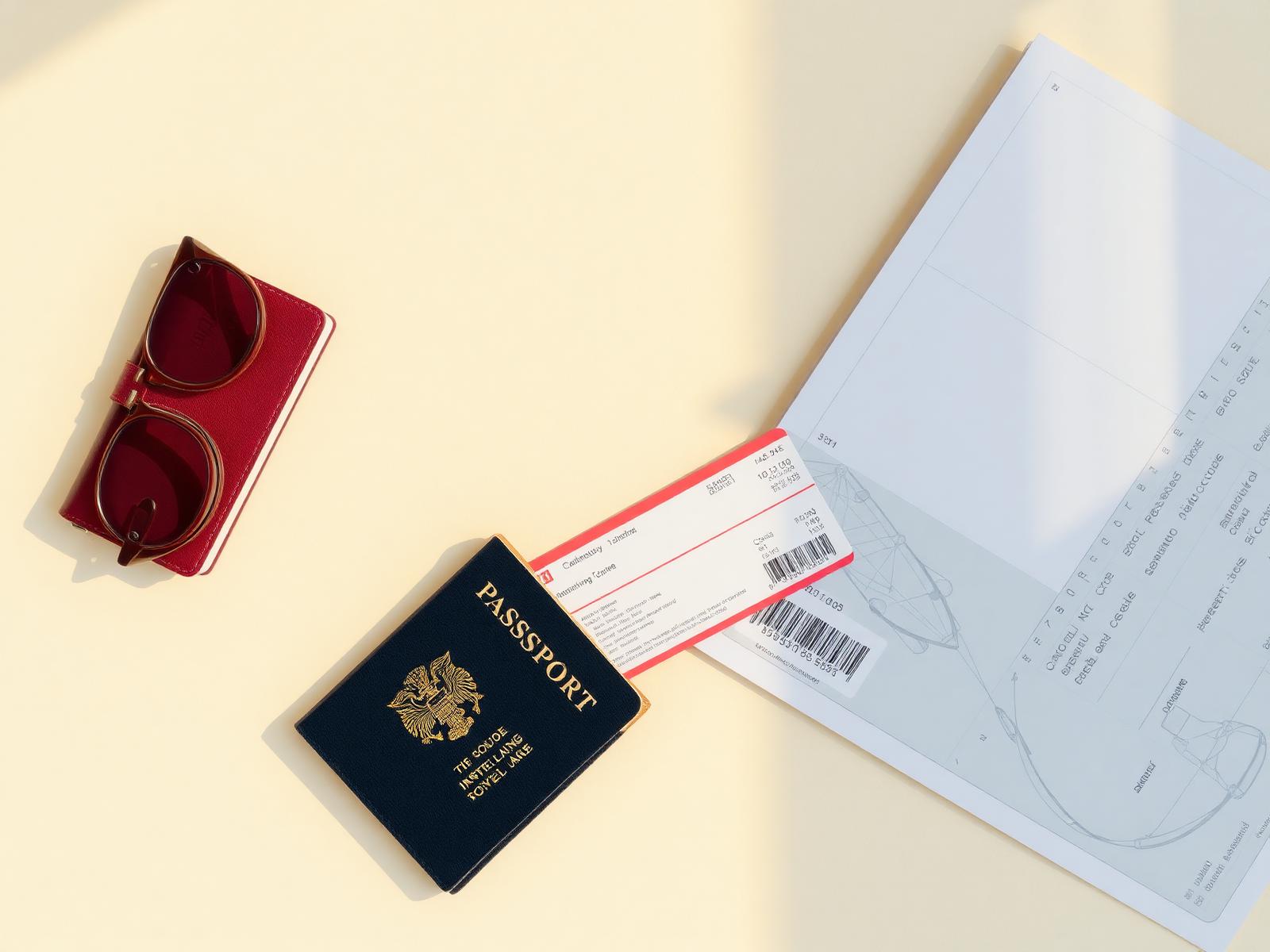 Passaporte e documentos de viagem sobre fundo creme